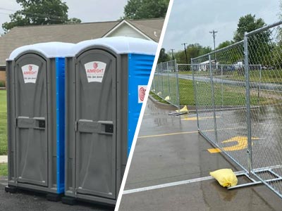 Portable toilet and temporary fencing